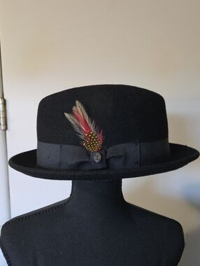 Jaxon Black Felt Fedora Hat with Red & Gold Feather Accent